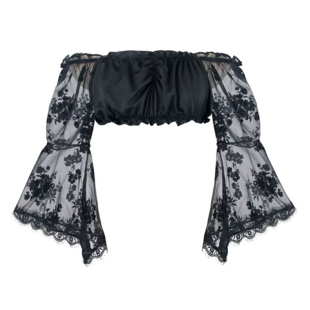 Black Lace Off The Shoulder Crop Top with Bell Sleeves | Women's Crop Top